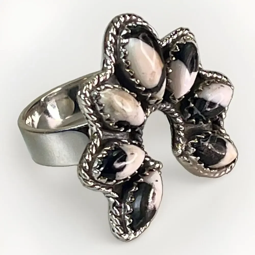White Buffalo Turquoise Sterling Silver Naja Cluster Statement Ring Adjust Size